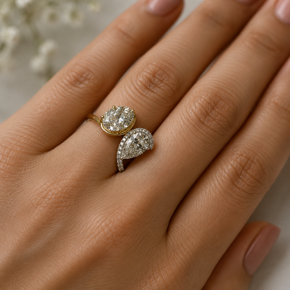 4.04 CTW Pear & Oval Diamond Two Stone Engagement Ring - 14K Yellow Gold
