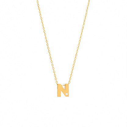 14K Yellow Gold Initial N Diamond Necklace – Round Bezel Pendant